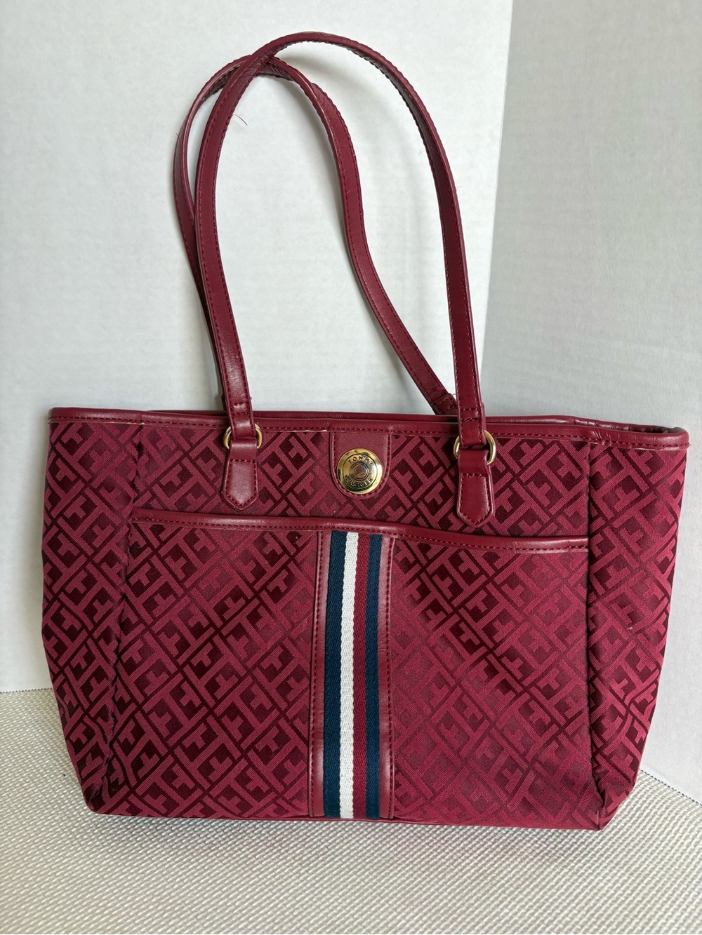 💥SALE💥 Tommy Hilfiger Vintage Satchel Handbag Maroon Logo Stripe